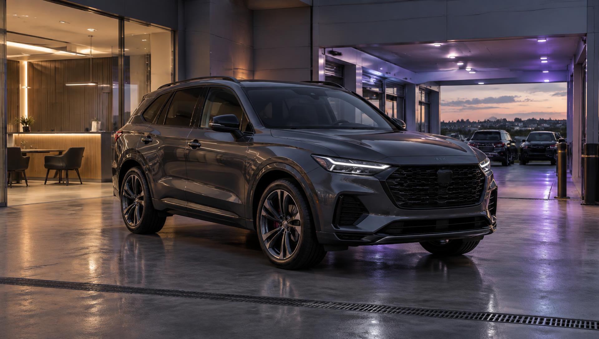 A vehicle outside a modern dealership at dusk