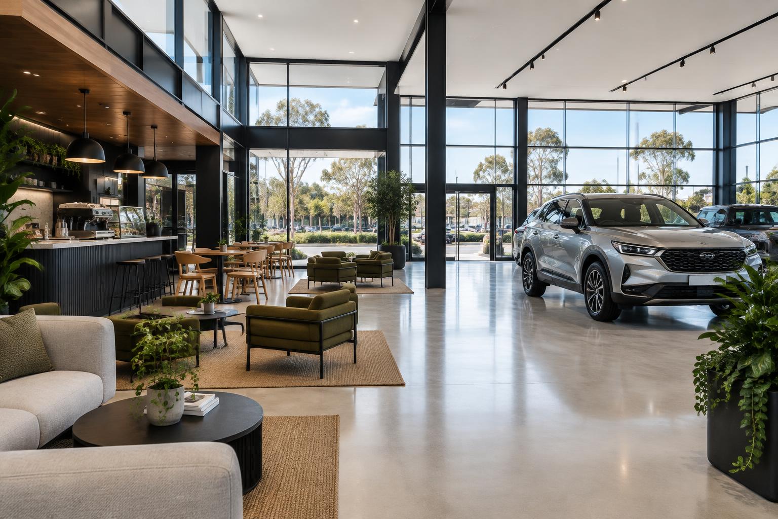 A modern dealership showroom with a vehicle and customer cafe lounge