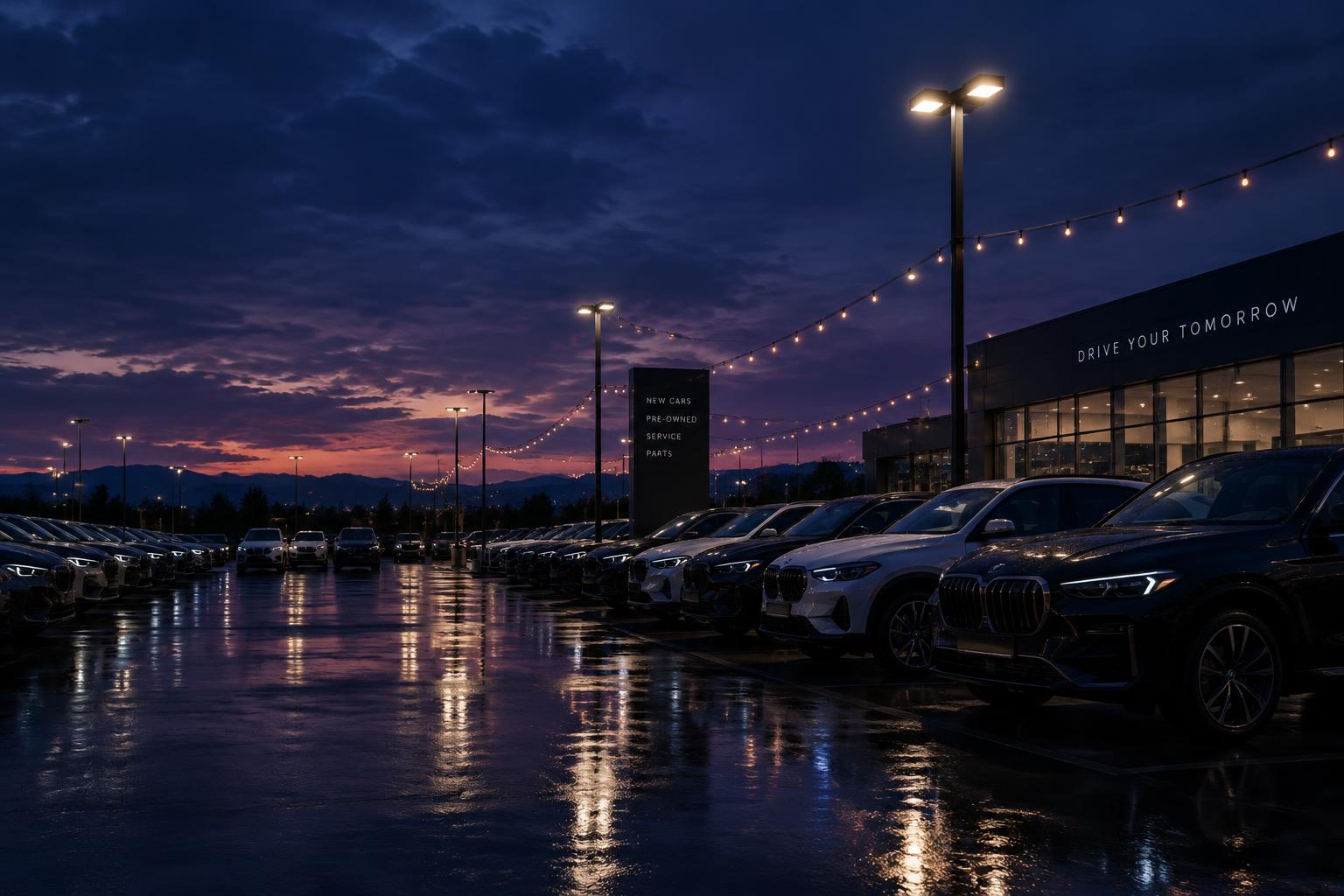 A dealership car yard at dusk, rows of vehicles under string lights