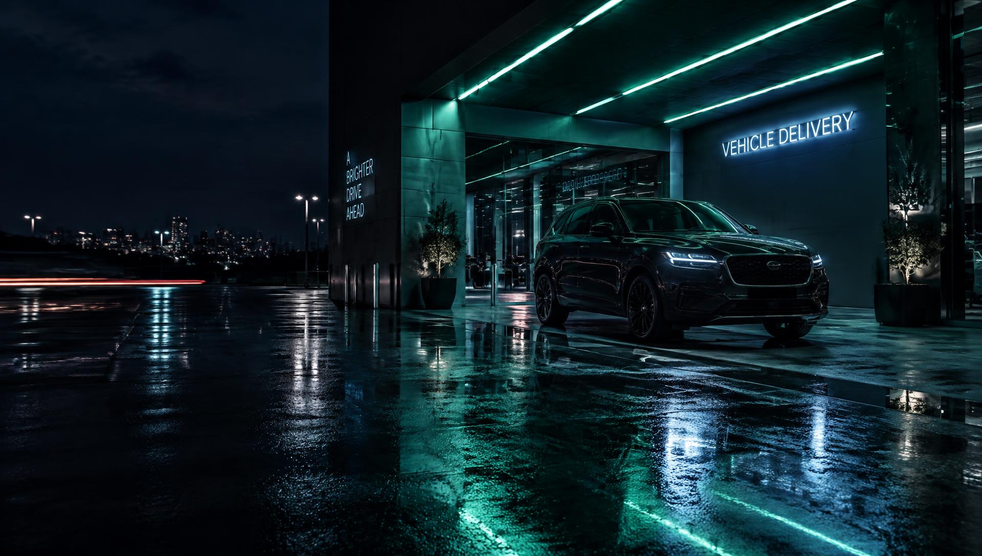 Vehicle in a delivery bay at night under lights